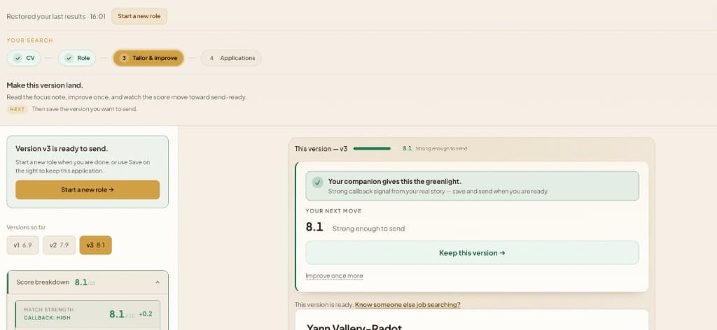 Next Role workspace showing a CV version that improved to a greenlight score.